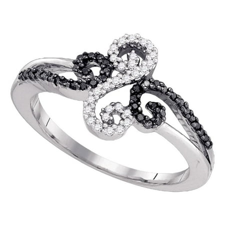 - Black Diamond Swirl Ring 10k White Gold Fashion Band Curve Design Waves Round Pave Set Fancy 1/5 ctw