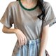 thumbnail image 5 of Camiseta de manga corta con ajuste relajado para mujer, camiseta elástica con cuello redondo a rayas de fibra de leche para desplazamientos, 5 of 8