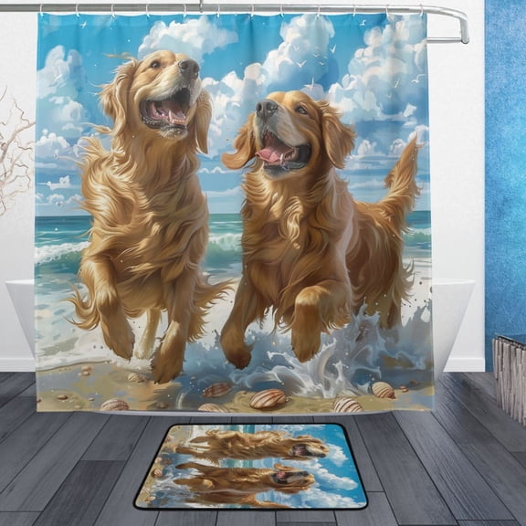 BZSMCE Shower Curtain and Bath Accessory Set,Joyful Goldens by The Waves Pattern