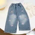 thumbnail image 5 of WPPGONE Toddler Girls Wide Leg Jeans Little Kids Loose Denim Pants Fashion Bow Embroidery Elastic Waist Relaxed Fit Breathable Cotton Everyday Casual Trousers, 5 of 9