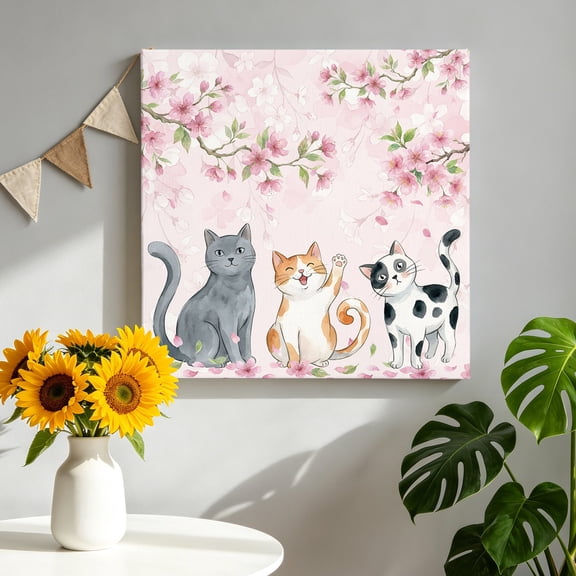 Cherry Blossom Cats Canvas Wall Art, Japanese Pink Cherry Floral Cat Pink Pictures Wall Decor Wooden Framed Artwork Art Prints for Living Room Hallway Bedroom Office 8"x8"