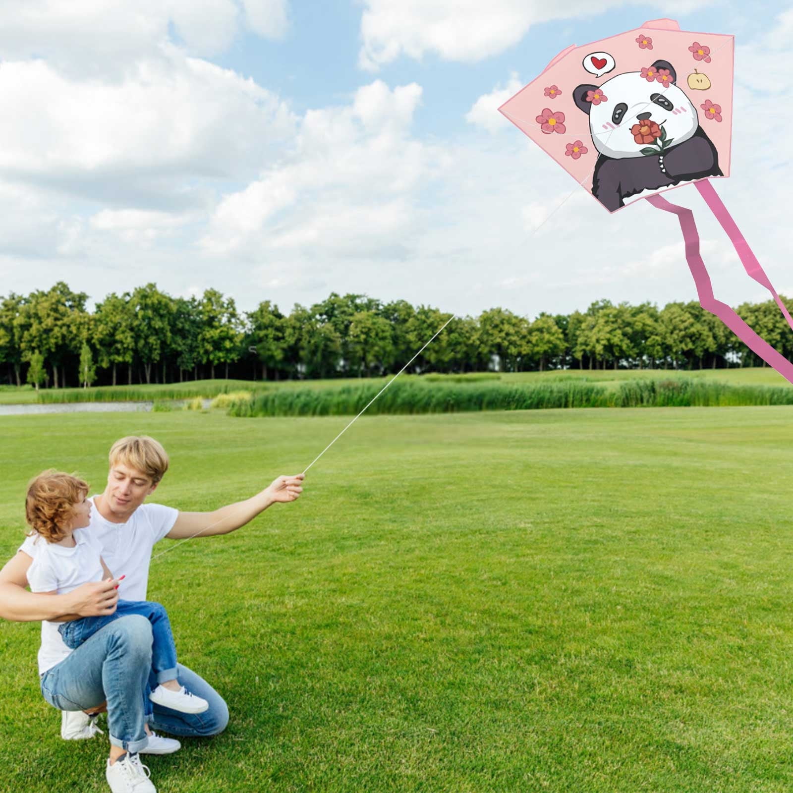 YUNAFFT Spring Outing Pocket Kite Easy to Fly Kite Line Cartoon Panda Wind Kites Family Trips Friends Game Foldable Kite Outdoor Toys