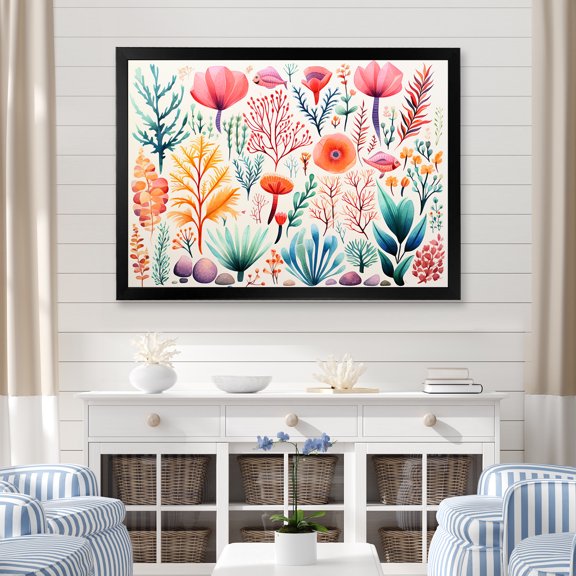 Designart "Watercolor Coastal Coral II" Animals Framed Wall Art Decor - Coastal Coral Coastal Coral Under Water Entryway Framed Wall Art Print