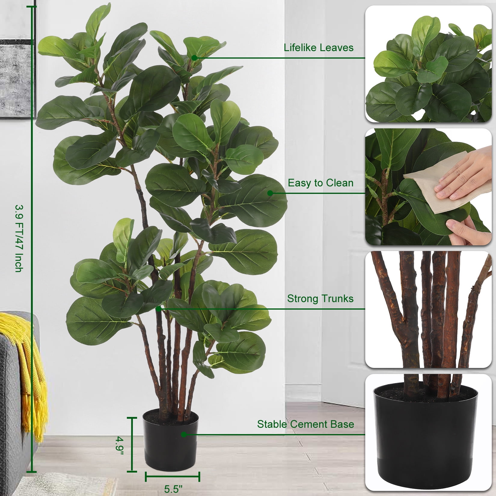HOBLOC Artificial Fiddle Leaf Fig Tree, 4ft/47in Faux Ficus Lyrata Tree with 72 Leaves in Pot, Fake Green Plant for Home Office Indoor Outdoor Decor, Housewarming Gift