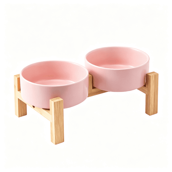 ACDANC Elevated Ceramic Dog Bowl Set - Raised Dog Bowls with Non Slip Bamboo Stand, Food and Water Bowl Set for Kitty, Cats and Toy Breed Dogs, Pet Bowls, Weighted Dogs Dishes (5.1'', 2*16Oz, Pink)