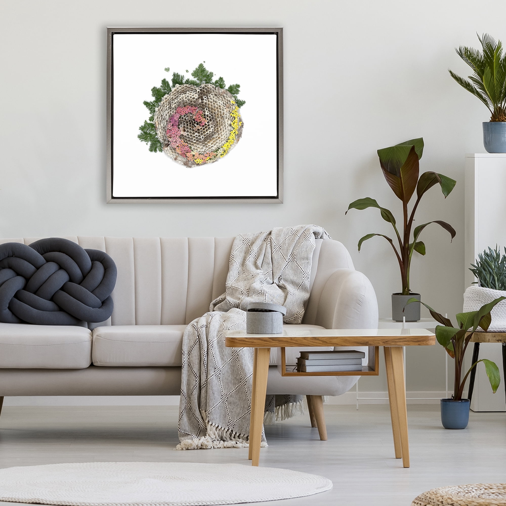 Stupell Industries Honeycomb with Botanicals Gray Framed Floater Canvas Wall Art, design by Beth Adoette