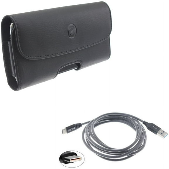 Black Leather Phone Case Side Cover w Mesh Braided Gray 6ft Long Type-C Cable Rapid Charge USB Wire Sync R4L for Alcatel 7 - Coolpad Legacy - Nokia 3.1 Plus - OnePlus 7 Pro