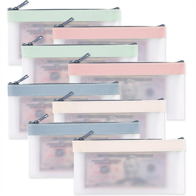 DEBGFS 8 Pcs Clear Cash Envelopes Plastic Money Bags Money Bags with Zipper for Cash Money Protector for Bills Bill Pockets Bags Cash Bags with Zipper Money Envelopes 4 Colors,8pcs