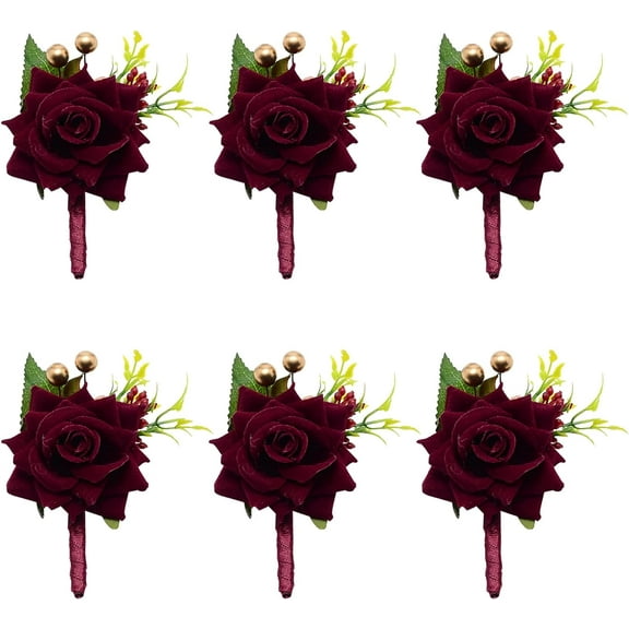 Boutonniere Set of 6 Wine Red Rose Boutonnieres Groom Boutonniere for Men Wedding with Pins Artificial Flowers Accessories for Groom Groomsmen Wedding Party Prom Suit Decorations Red