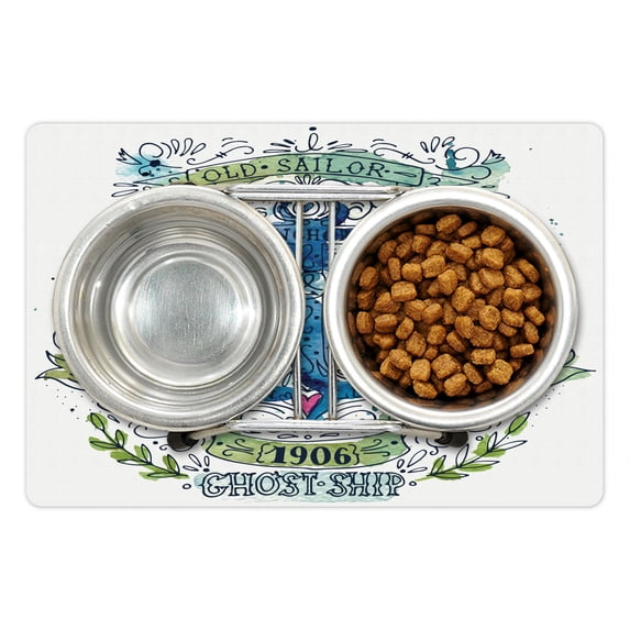 Marine Pet Mat for Food and Water, Anchor Salt and Wind 1906 Liberty Amity Ghost Ship Old Sailor Stormy Ocean, Non-Slip Rubber Mat for Dogs and Cats, 18" X 12", by Ambesonne
