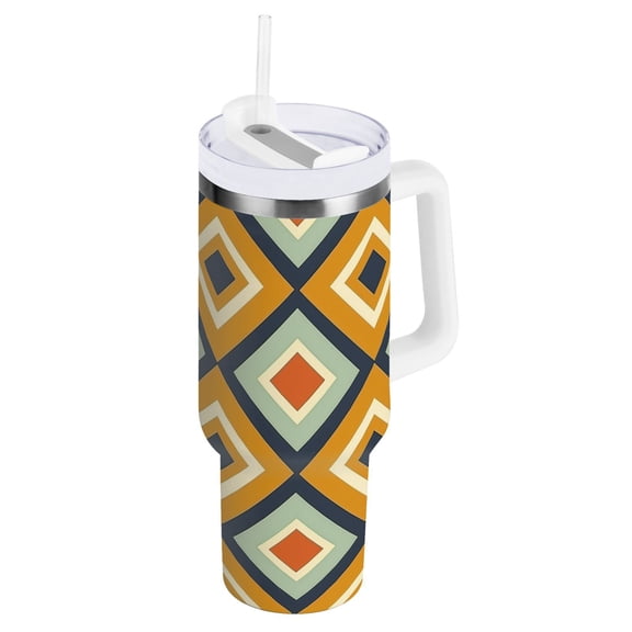 JSTEL Retro Geometric Rhombuses 40 oz Tumbler Stainless Steel Water Bottle Vacuum Insulated Cup with Straw Lid & Handle For Travel Car Cup Holder