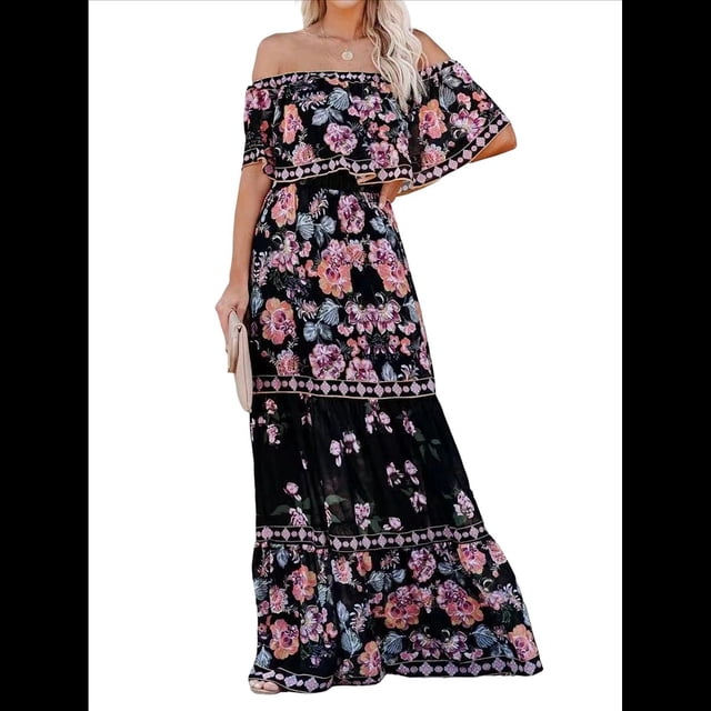 Vestido de Verano para Mujer, Estampado Floral, Hombros Descubiertos, Sin Mangas, Negro XL