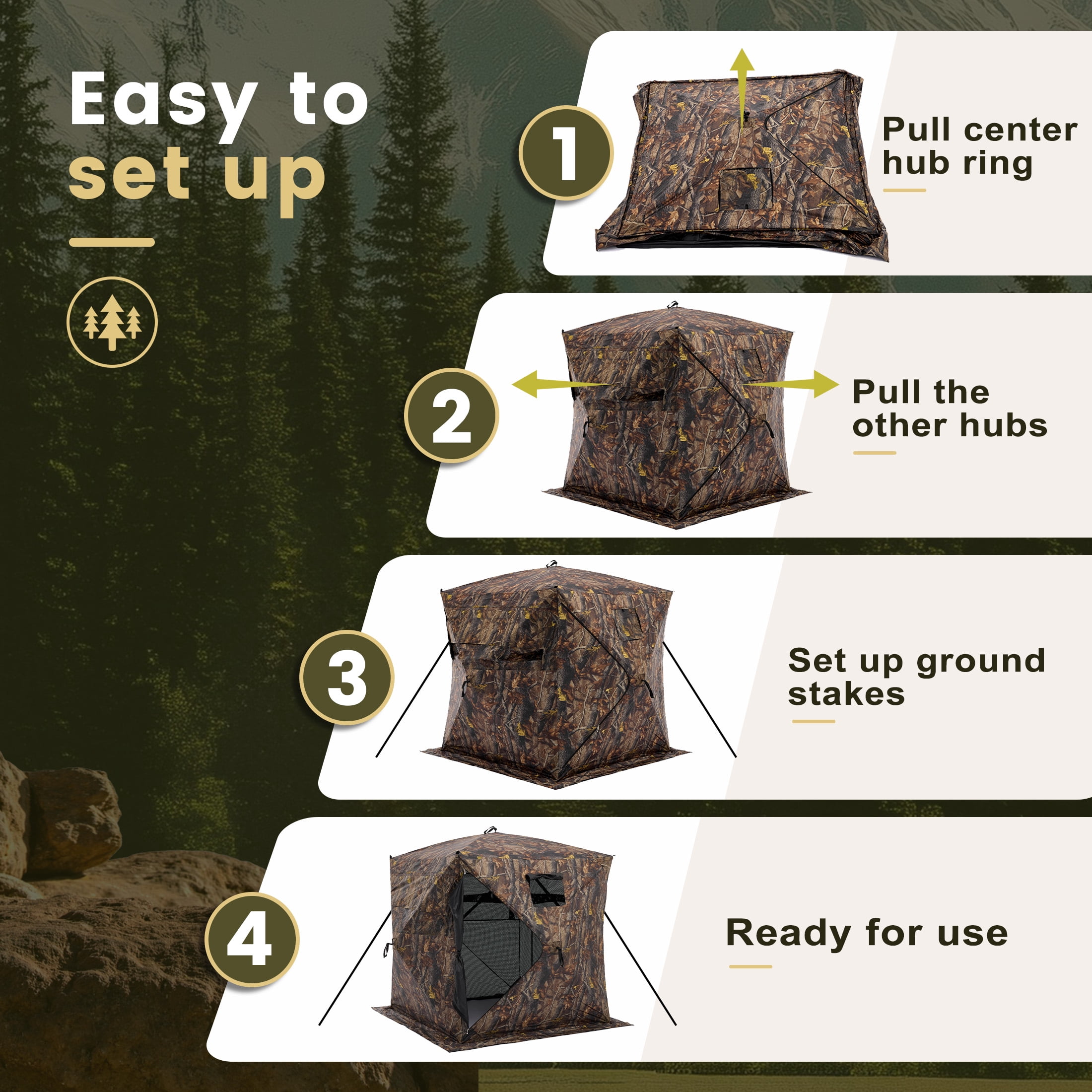 SHOUFTW Hunting Blind, 270° See-Through Ground Blind Shelter, 2-3 Person Pop-Up Instant Setup Hunting Tent with Silent Windows & Carry Bag, Camo