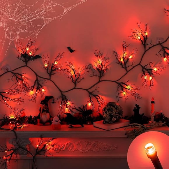 6 Ft 45 LED Willow Vine Twig Decor Black Halloween Garland with Orange Lights, Timer 8 Modes Waterproof Battery Operated Indoor Halloween Decorations for Wall Fireplace Mantle Home Office Party Decor