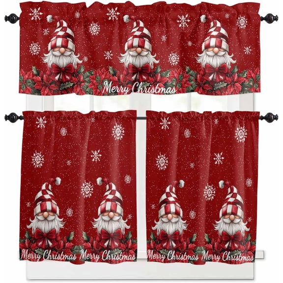 Christmas Gnomes Kitchen Curtains and Valances Set, Rod Pocket Curtains Tier Farmhouse Window Curtains 24 Inch Length, Xmas Red Poinsettia Snowflake Winter 3 Piece Kitchen Curtains Set