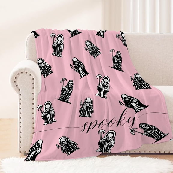 Pink Halloween Throw Blanket Grim Reaper Throw Blanket Black Spooky Blanket Decorative Lightweight Fuzzy Soft Plush Fleece Blankets and Throws Couch Sofa Bed Lap Blanket 50x60