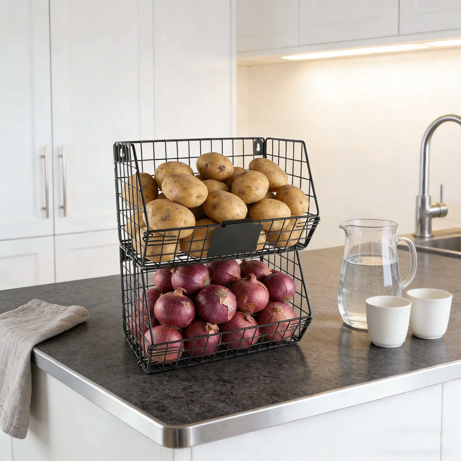 Pethiy 2-Piece Metal Wire  Onions & Potatoes Storage Baskets, Multi-Use Stackable Wall-Mount Produce Storage Set with Custom Labels