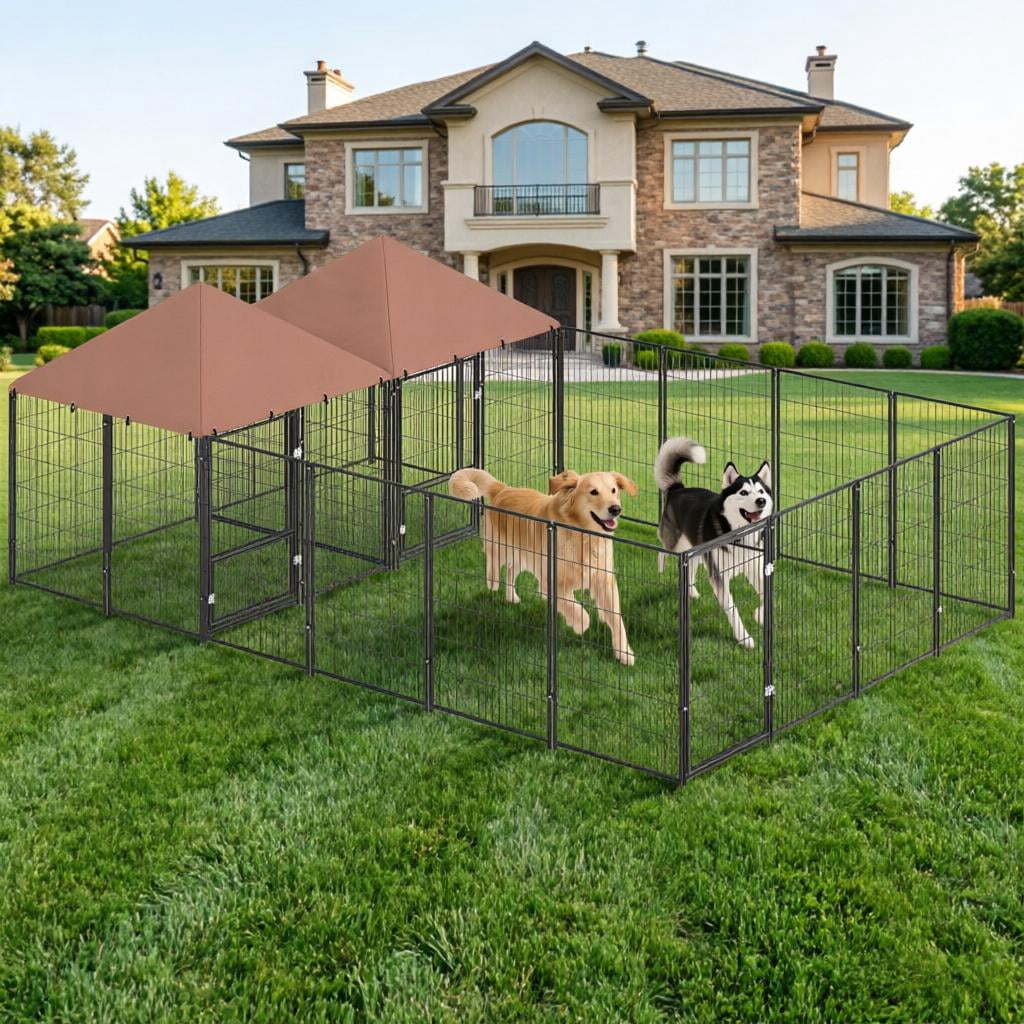 Large Outdoor Dog Kennel with 2 Rooms, Rotating & Adjustable Height Bowls, 13.5' x 9.4' x 5.1'