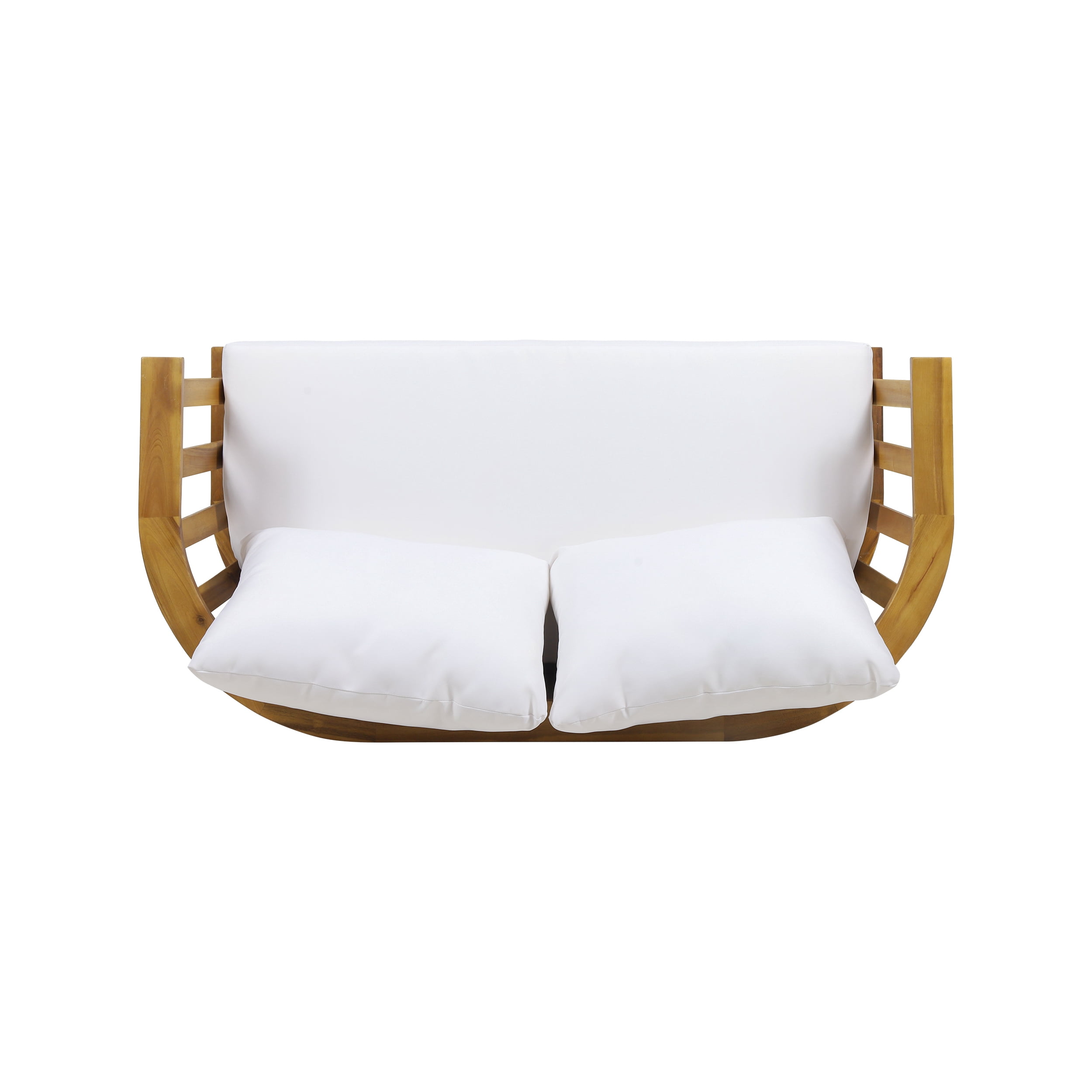 Outdoor Acacia Wood Loveseat with Water-Resistant Cushions and Slatted Back, 55.5-Inch Patio Seating for Garden, Teak and White
