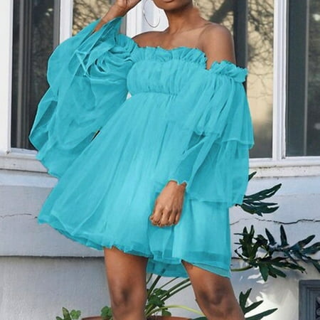 BSDJILFG Summer Dresses for Women Dressy Off the Shoulder Mesh Babydoll Mini Dress Strapless Long Sleeve Solid Color Princess Dress Clearance