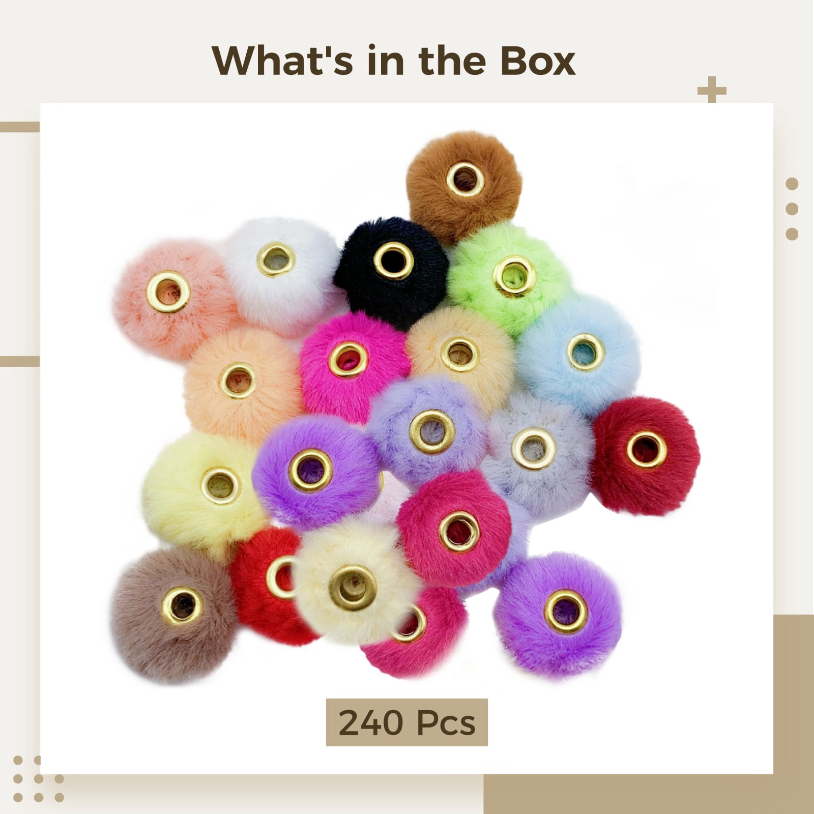 240 PCS Colorful Pom Poms for Crafts, 20 mm Mixed Color Soft Fluffy Ball Beads with Copper Hole, DIY Beads for Jewelry Making, Keychains, Crafts, Accessories, Creative Presents