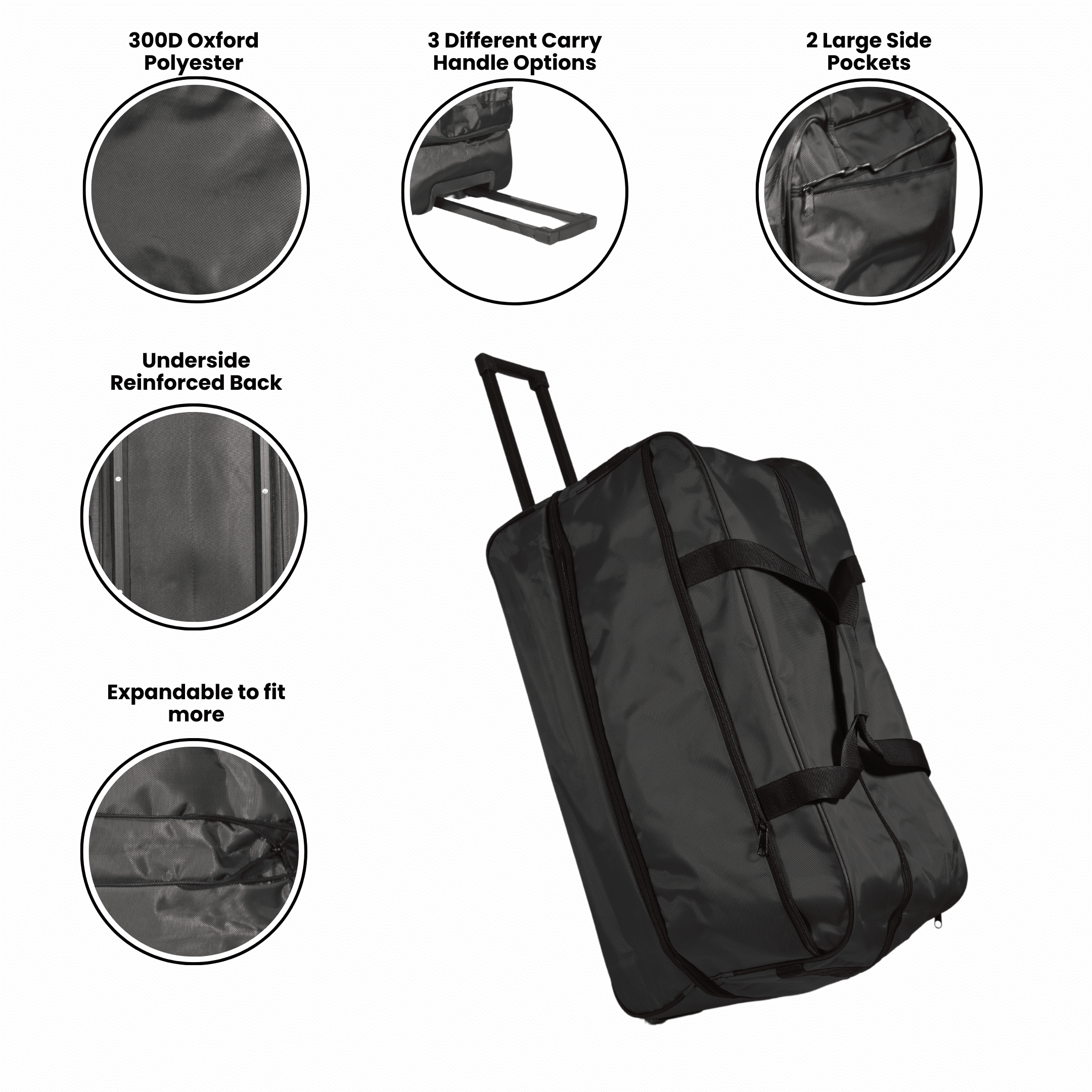 Large Black Duffel Bag with Wheels, Collapsible Handle, and Expandable Design – Foldable Travel Bag Black