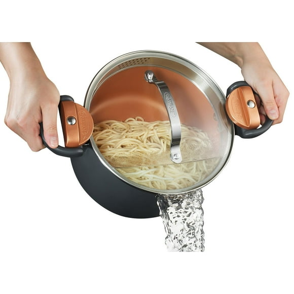 Chaudron Gotham Steel 5 Pintes Grand Chaudron à Pâtes Antiadhésif Marmite en Céramique pour Soupe avec Couvercle en Verre et Passoire Les pâtes peuvent