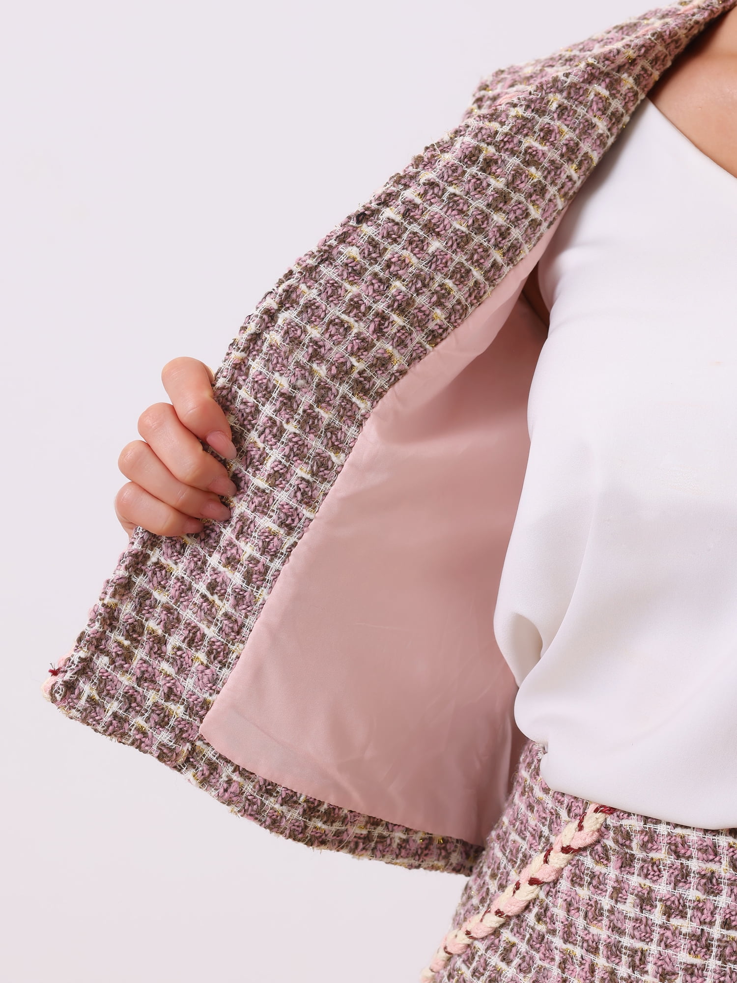 DARING DIVA 2Pcs Women's Business Blazer Mini Tweed Plaid Skirt Set XL Pink Purple