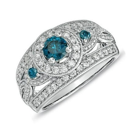 Art Deco 1 Carat Round Cut Real Sapphire and Diamond Engagement Ring in 18k Gold Over Silver