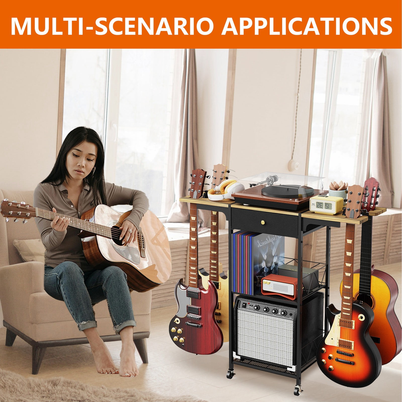 【HOSTK】3-Tier Rolling Guitar Stand with Wheels – Eco-Friendly Multifunctional Floor Rack with Amp Drawer & Storage Shelf, Portable Organizer for Electric, Acoustic Guitars, Music Studio & Home