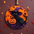 thumbnail image 3 of XINGXIANG Halloween Door Sign - 5 Style 11.8 Inch Wooden Circle Plaque with Raven, Castle, Skeleton, Witch Cat Decor,Halloween Decorations Bedroom,Halloween Door Decorations, 3 of 4