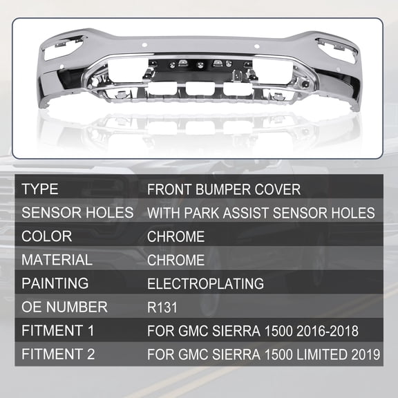 Chrome Front Bumper w/Sensor Holes Direct Fit For GMC Sierra 1500 2016-2018