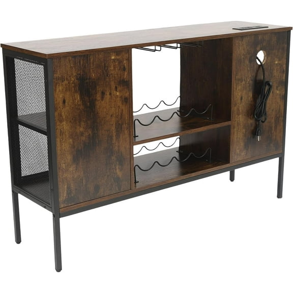 Wine Bar Cabinet with Built-in Outlets, Industrial Bar Cabinets for Liquor and Glasses, Farmhouse Mini Coffee Bar Liquor Cabinet Bar for Home with Removable Wine Racks, Brown