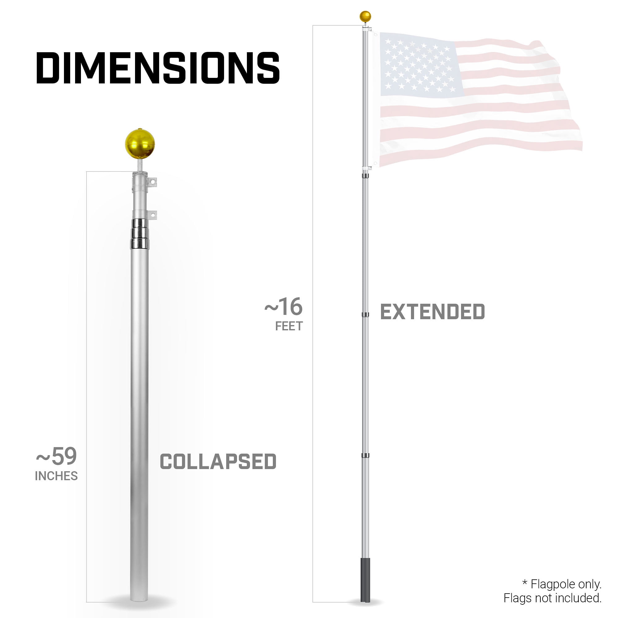 G128-16 Ft Telescoping Flag Pole Aluminum Silver |Flag Poles for Outdoor/Ground Heavy Duty | Flag EXCLUDED