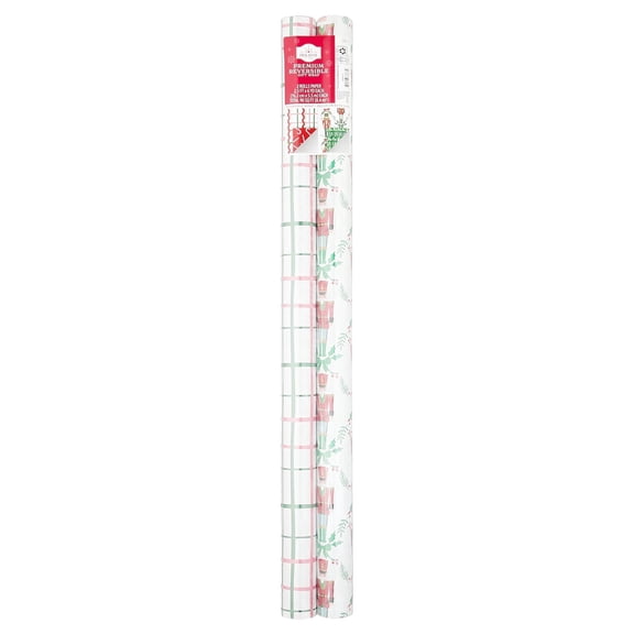 Red/White/Green Premium Reversible Christmas Wrapping Paper, 45 sq ft Rolls, 2 Count, by Holiday Time
