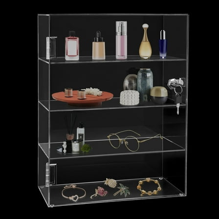 4 Tiers Acrylic Display Case Countertop Clear Box Dustproof Shelves Showcase with Lock 11.81*5.9*15.75 in Used in The Home, Bedroom, Office