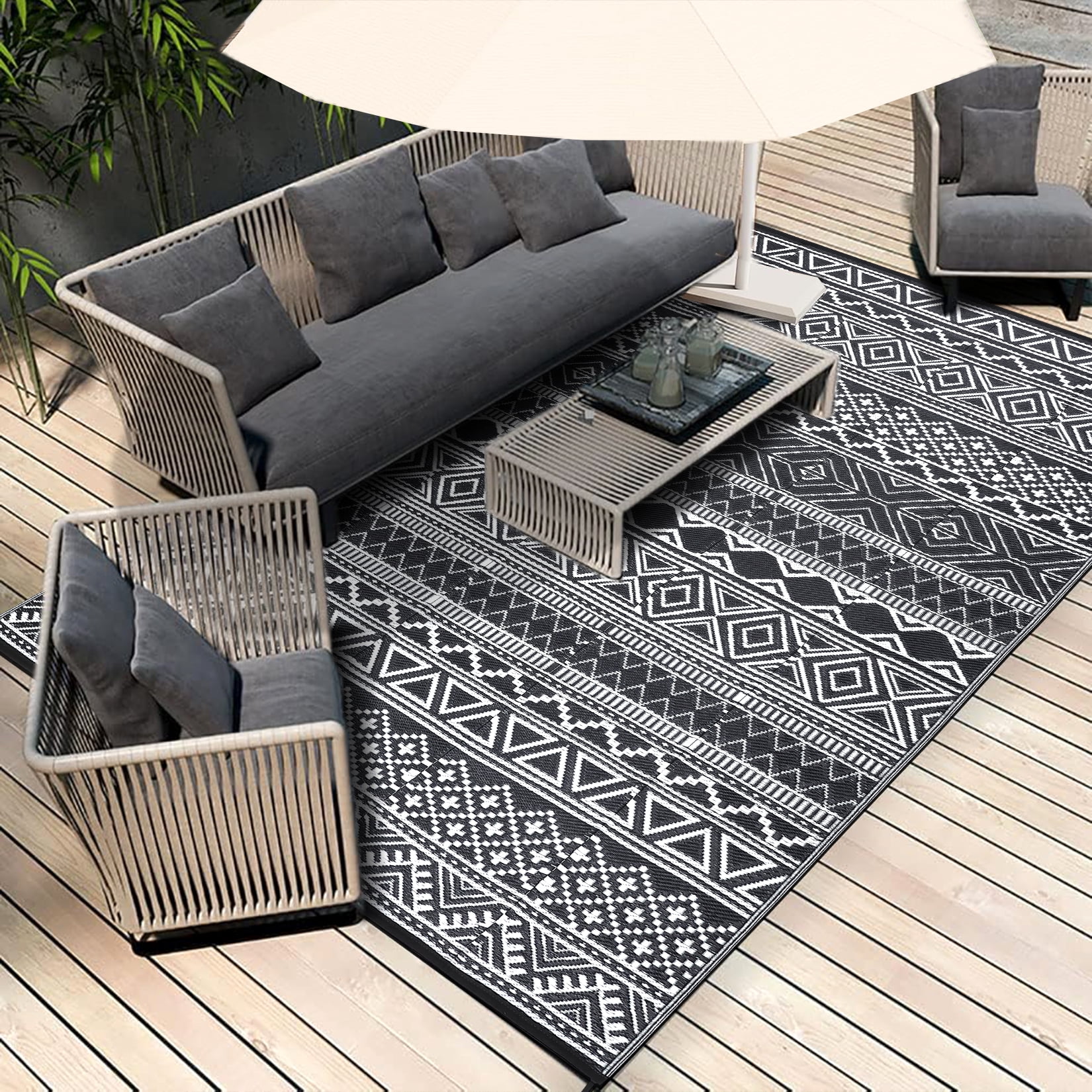 HIWEAVER 9' x 12' Black/White Outdoor Rug PP Plastic Straw Woven Waterproof Patio Rug with Border Portable Outside Carpet for Balcony Deck Picnic Garden Decor