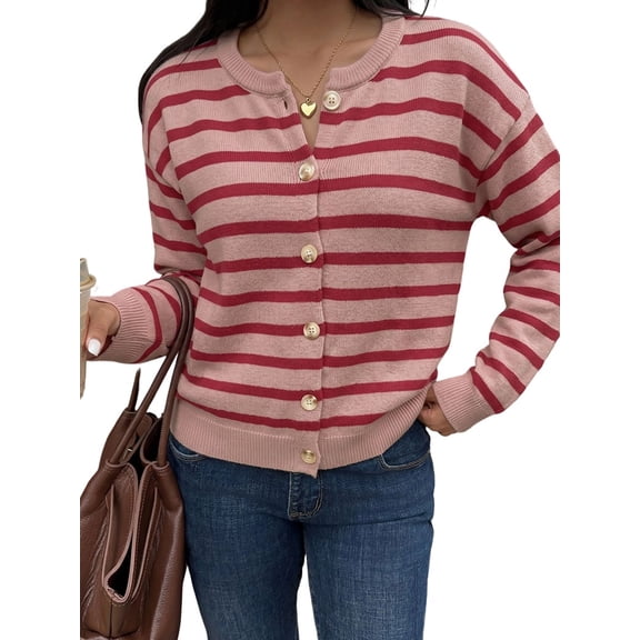 Women's Crew Neck Striped Button Down Long Sleeve Knit Cardigan Red S