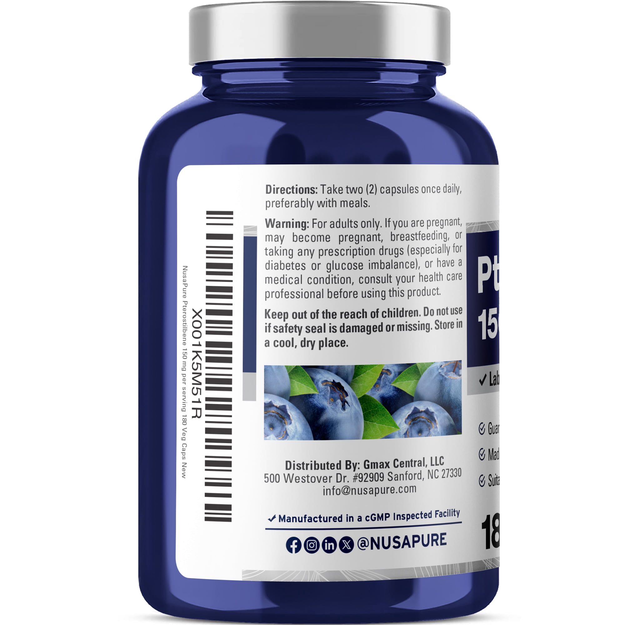 NusaPure 180 Veggie Caps of Pterostilbene 150mg: Non-GMO, Gluten-Free Dietary Supplement for Unisex Adult Health & Wellness