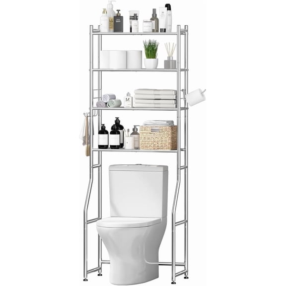 Over The Toilet Storage Cabinet, Metal 4 Tier Bathroom Shelves Over Toilet, Bathroom Oragnizer with 4 Hooks and Paper Holder, Chrome