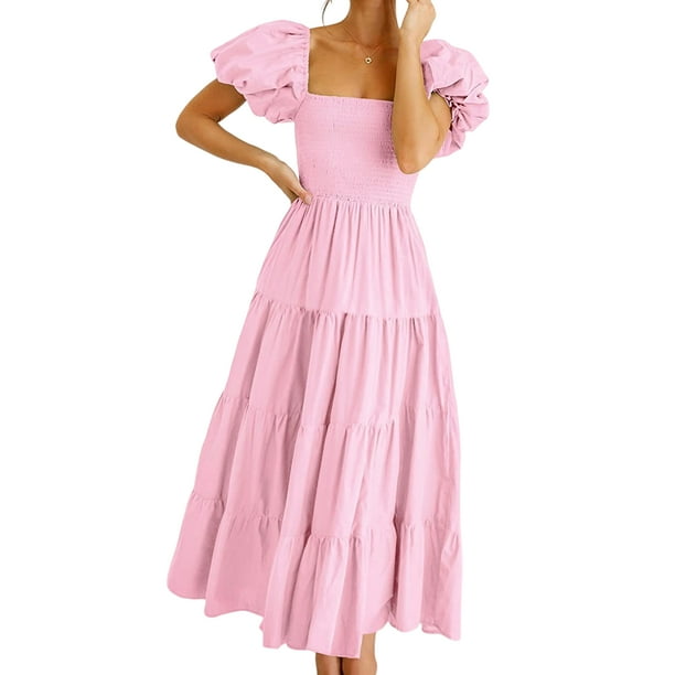 HZEWLS Women Midi Dress Short Sleeve Square Neck Maxi Dress for