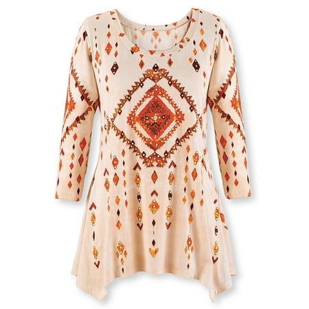 South Western Clothing Women's Santa Fe Sharkbite Tunic Top Southwestern Style, Three Quarter Sleeves, Brown Orange Tan ()