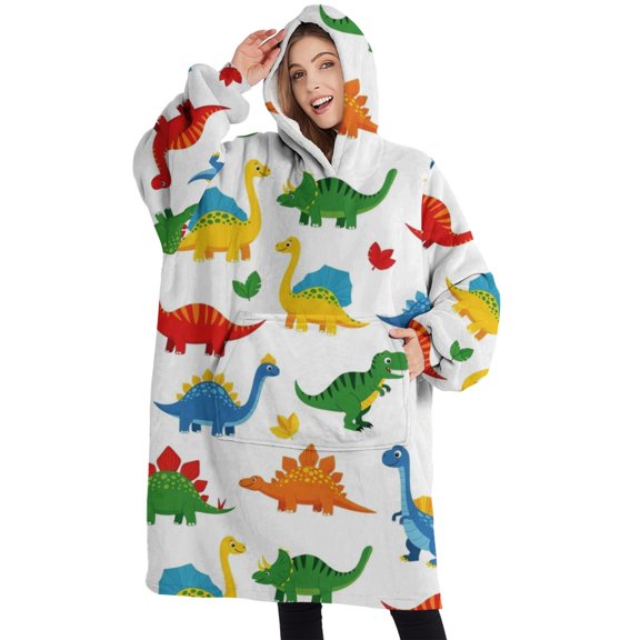 Oversized Wearable Blanket Hoodie,Colorful Dinosaurs Leaves Pattern Sherpa Blanket Hoodie with Super Pockets,Super Warm Fuzzy Pullover for Women & Men