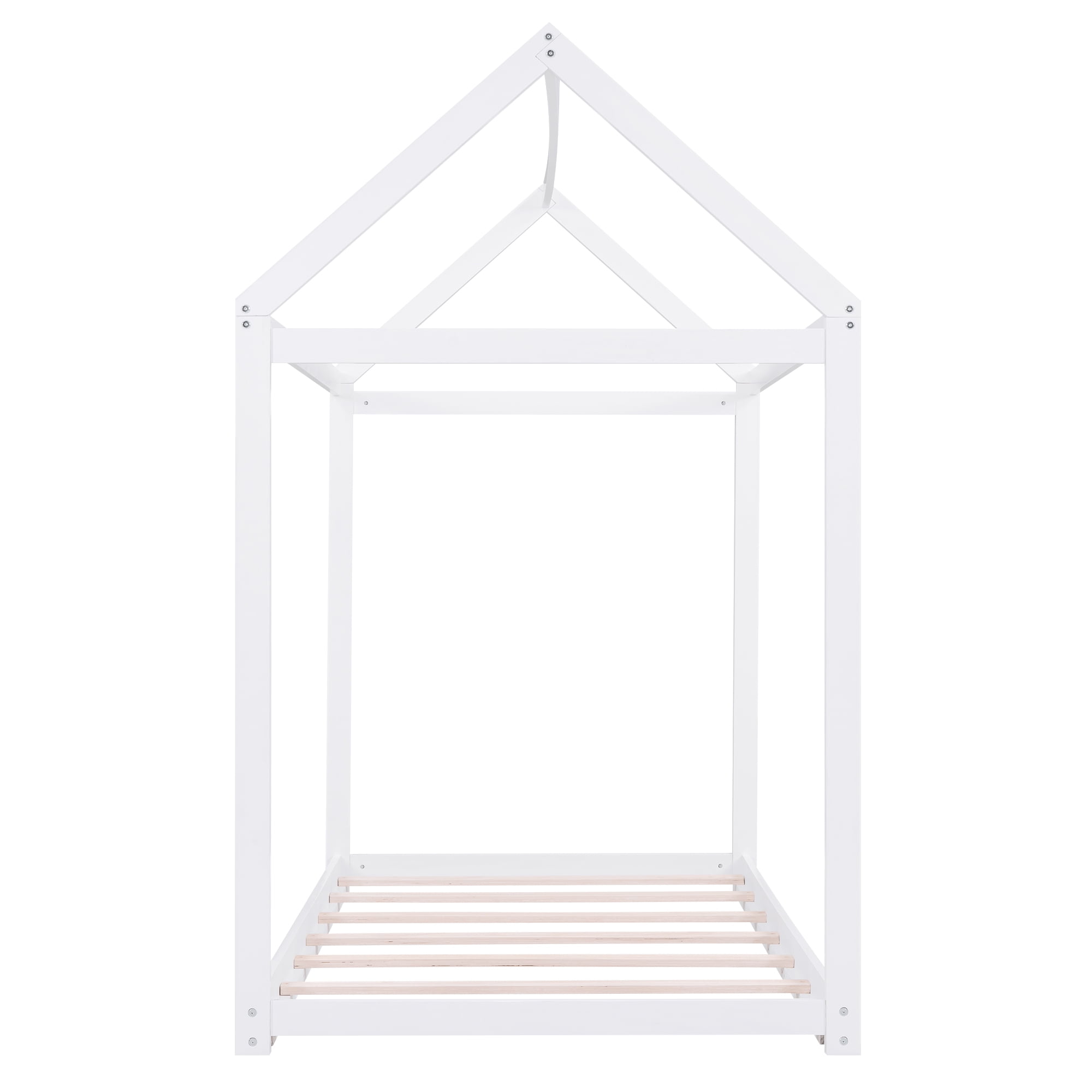 MODERNLUXE Wood Twin Size House Platform Bed, Low Profile Floor Bed, White