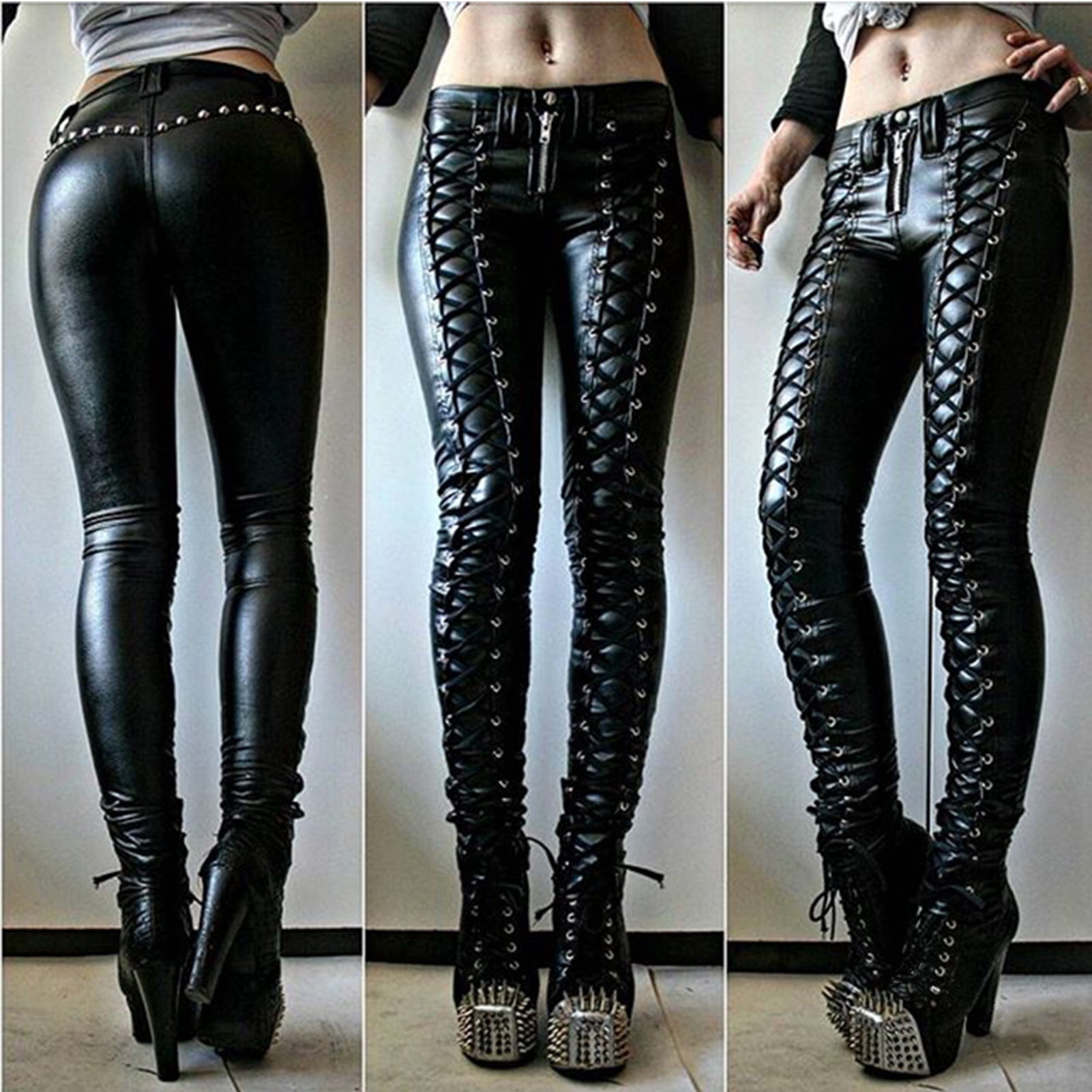 Steampunk Women Faux Leather Cosplay Pants Carnival Party Skinny Button Trousers