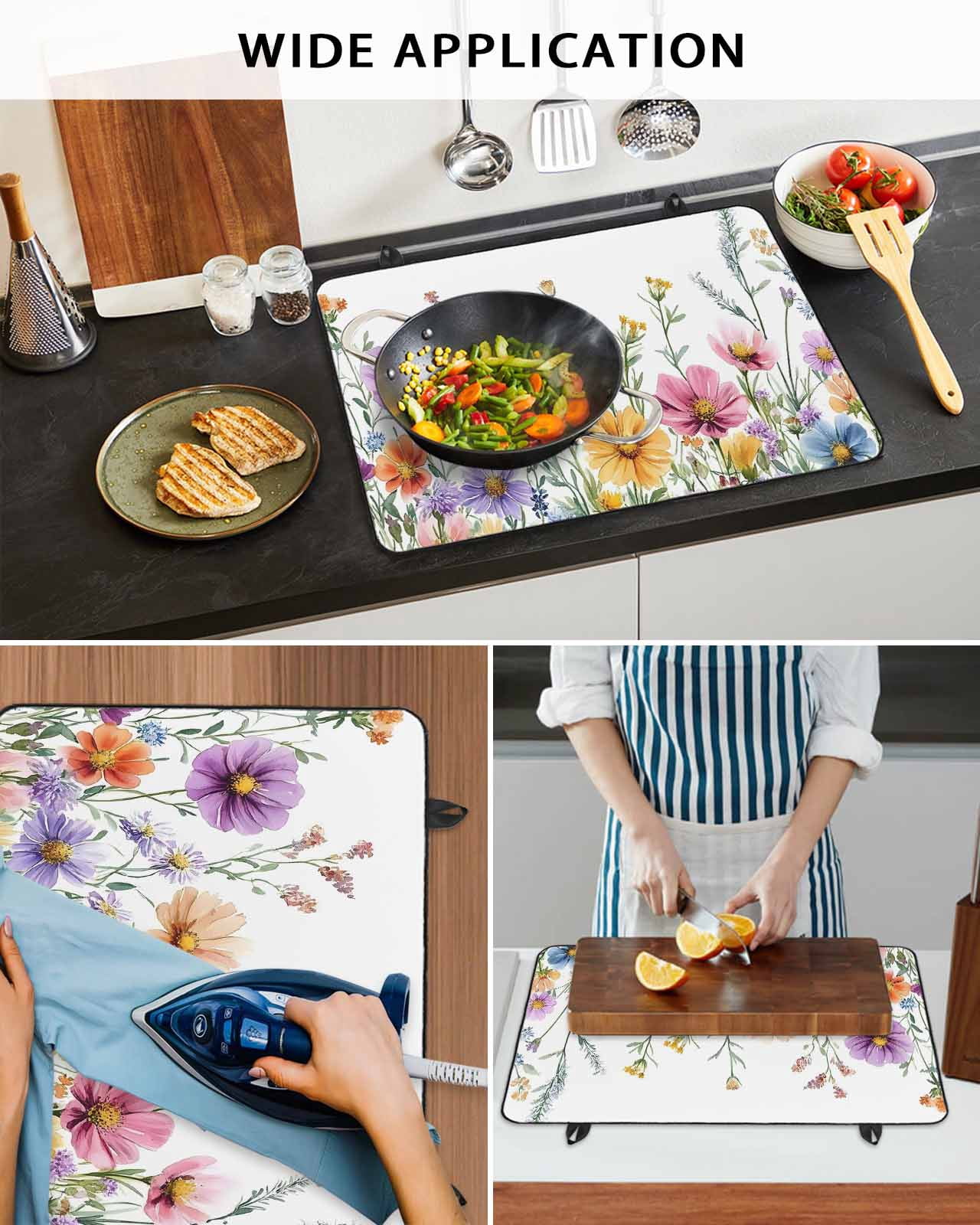 nqOlkjepod Large Induction Cooktop Protector Mat 36"x21", Spring Floral Stove Top Covers for Electric Stove, Yellow Pink Flowers Watercolor Pastoral Stove Burner Cover Mats, Glass Top Stove Cover