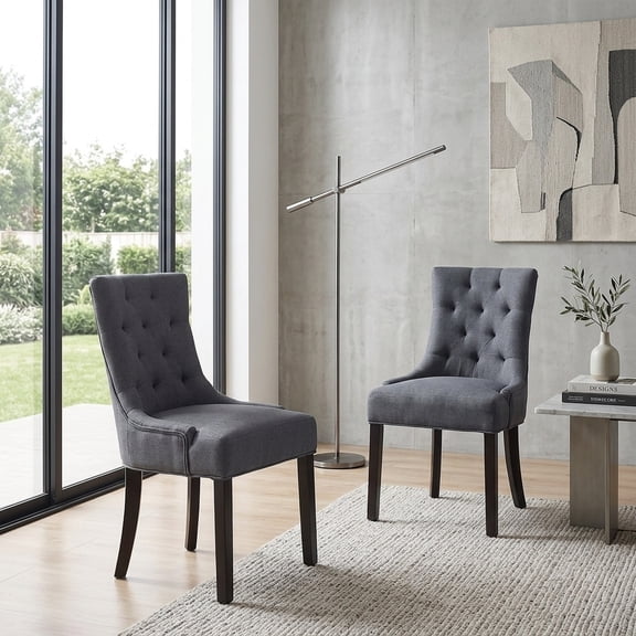 Modern Tufted Linen Dining Chair with Solid Wood Legs, Set of 2 - Grey