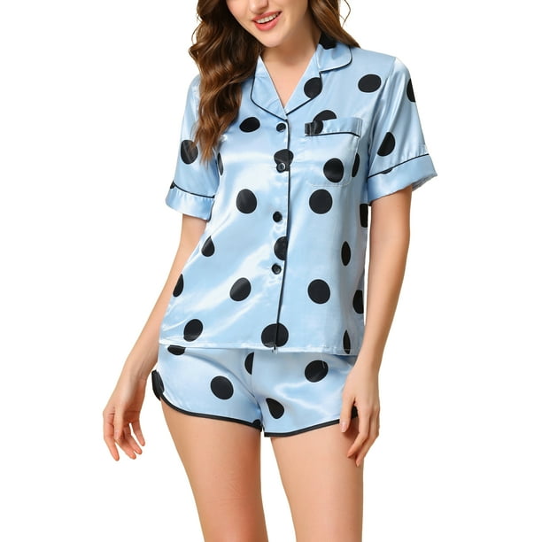 Pijama de salón con lunares para mujer, camiseta y pantalones cortos, conjuntos de pijama de satén, talla XL, azul