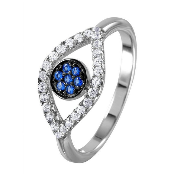 Simulated Sapphire And Clear Evil Eye Ring Rhodium Plated Sterling Silver Size 5