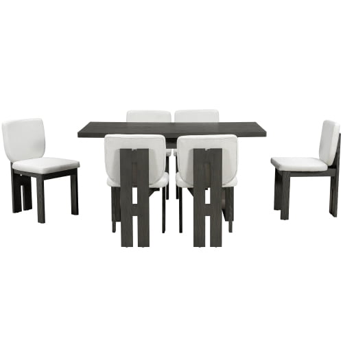 Harper & Bright Designs 7 Pieces Retro Dining Set for 6, Wood Rectangular Table with Designed Trestle Base and 6 Upholstered Chairs for Dining Room and Kitchen, Grey